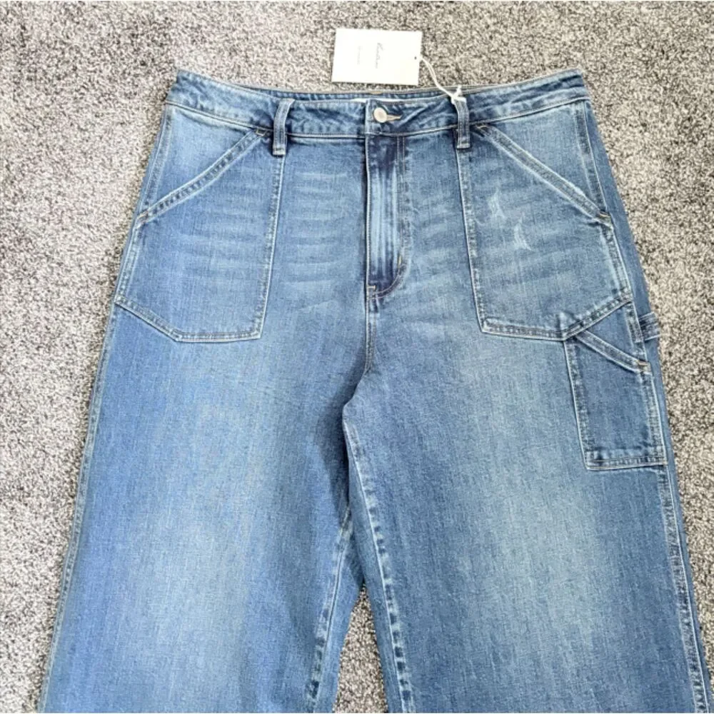Kancan Wide Leg Cargo Jeans NWT Size 12 Medium Wash High Rise Utility Denim